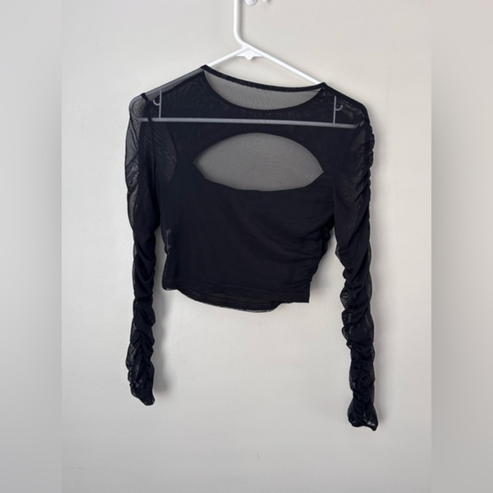 Cider Black Mesh Ruched Sleeve Blouse